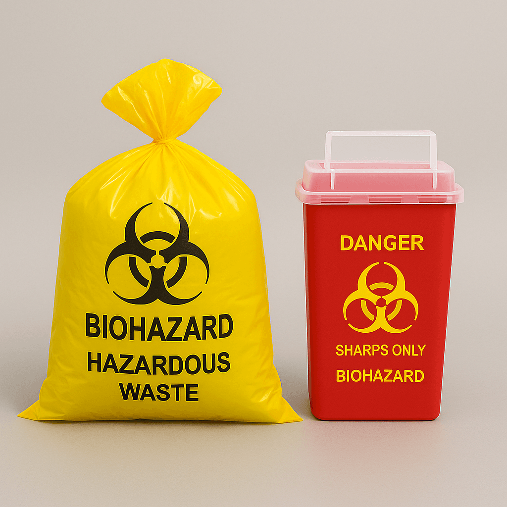 Yellow/red hazardous waste bags and sharps disposal box