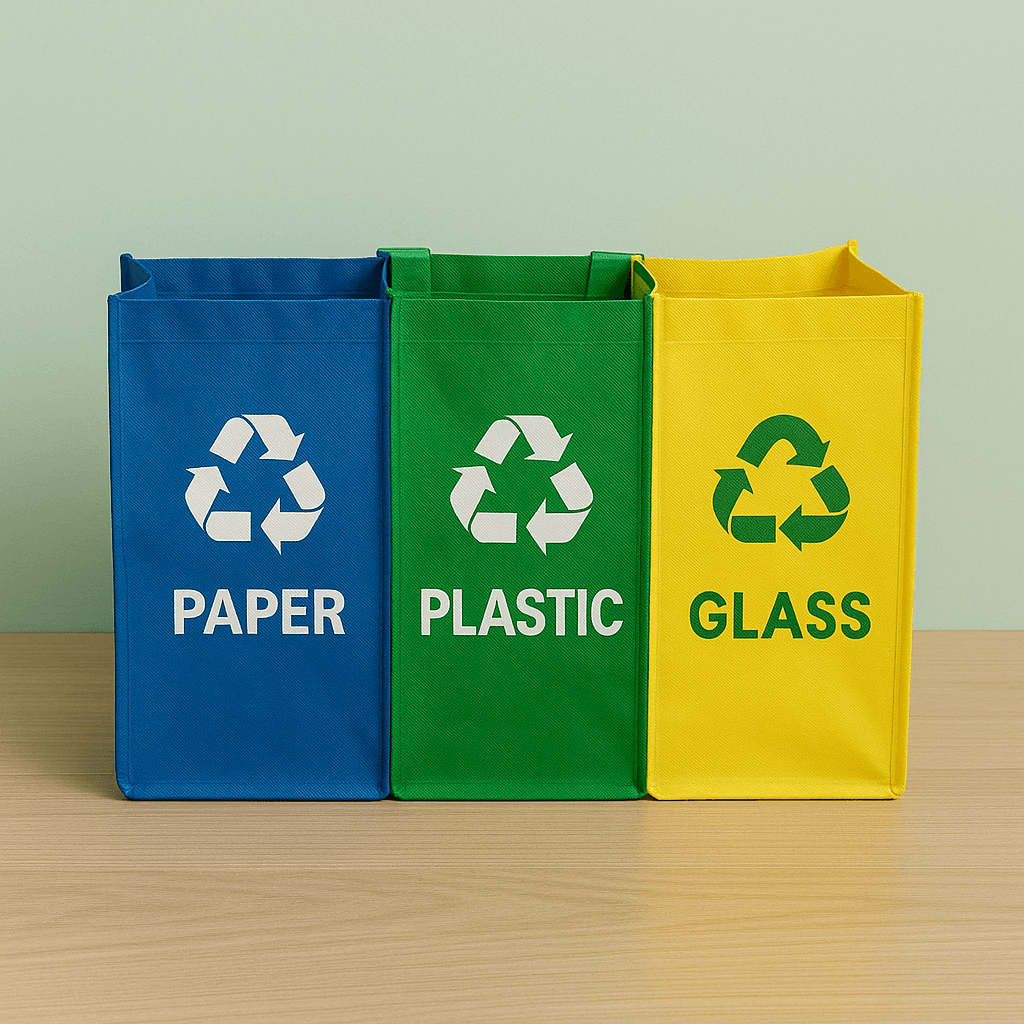 Three-section recycling bags for paper, plastic, organic waste